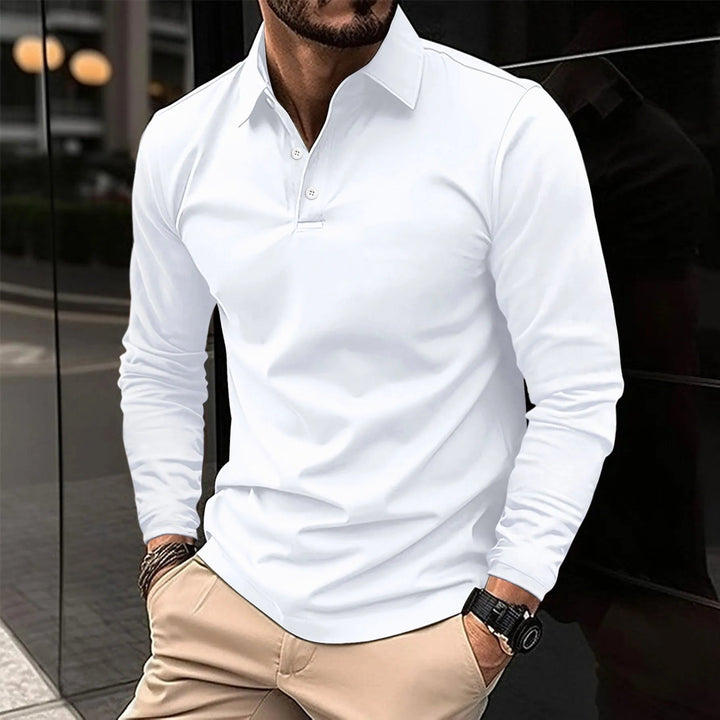 Soft knit long-sleeve men's polo shirt. Comfortable button-up top, perfect for layering in smart casual outfits.