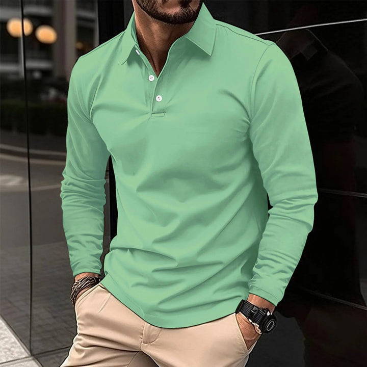 Classic men's long-sleeve button-up polo shirt. Comfortable and versatile collared top for essential men's fashion.