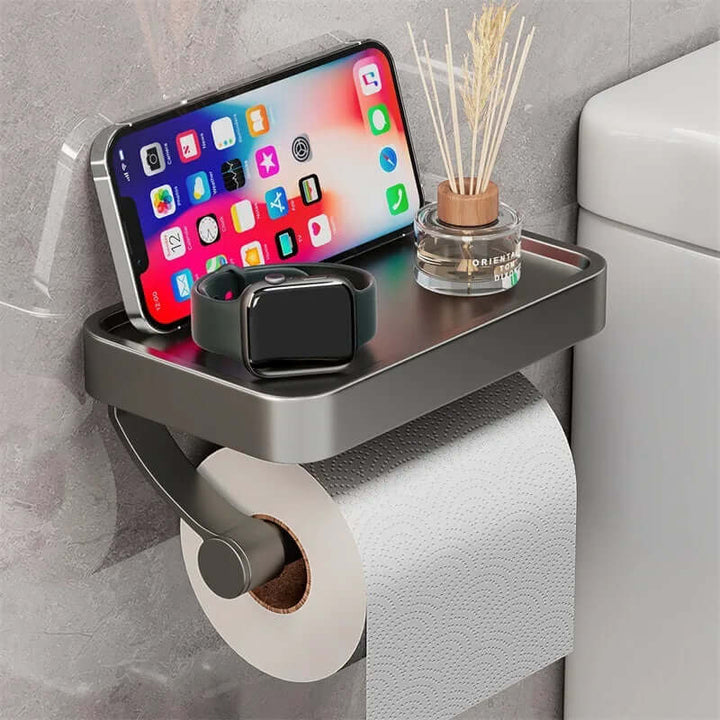 Contemporary wall-mounted toilet paper holder & shelf, no-drill, ideal for bath storage.