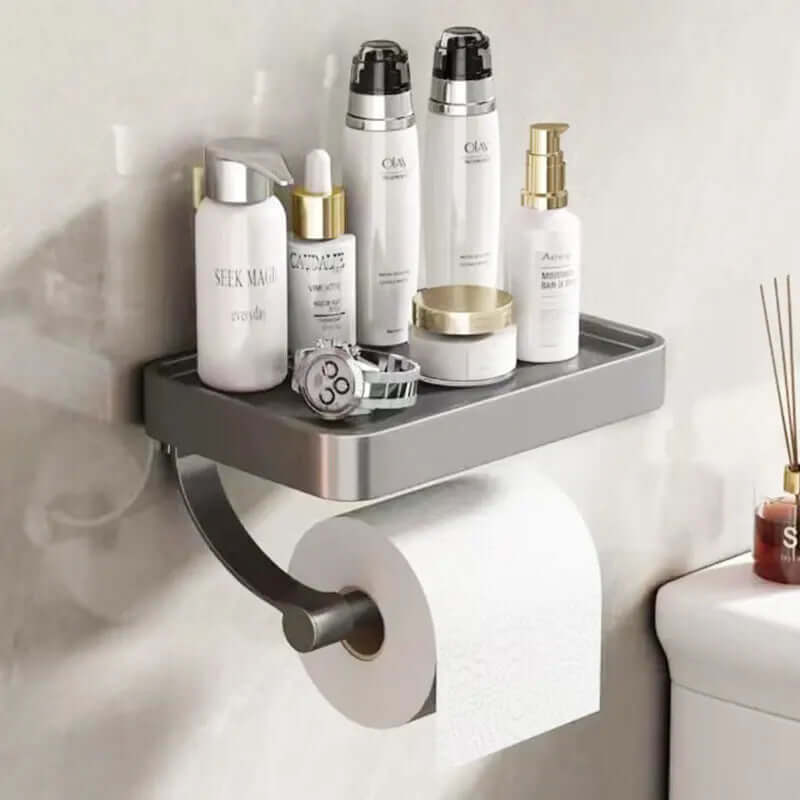 Durable wall-mounted toilet paper holder, stainless steel, with a convenient top storage shelf.