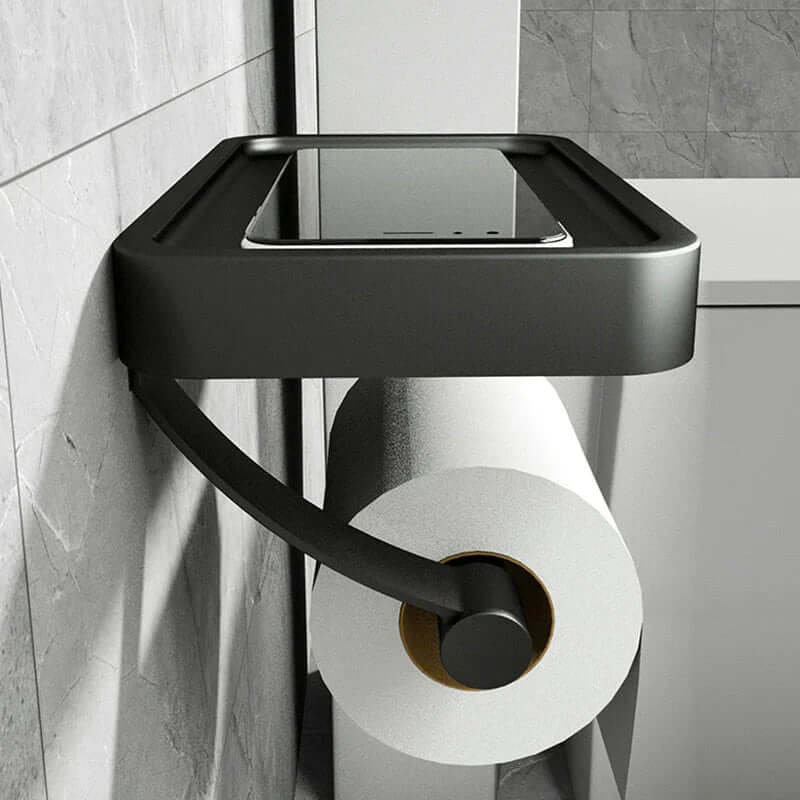 Bathroom accessory: toilet paper holder with shelf, no-drill installation, modern and functional.