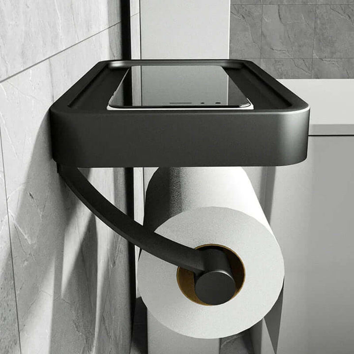 Bathroom accessory: toilet paper holder with shelf, no-drill installation, modern and functional.