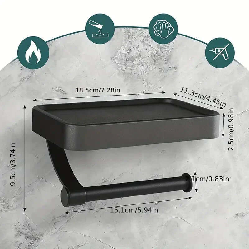 Modern toilet paper dispenser with storage shelf, space aluminum, for a tidy bathroom.