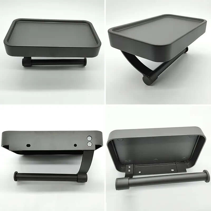 Unisex bathroom toilet paper holder, stainless steel, with a spacious storage shelf.