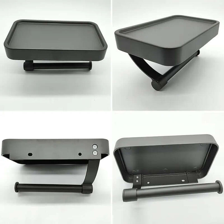 Unisex bathroom toilet paper holder, stainless steel, with a spacious storage shelf.