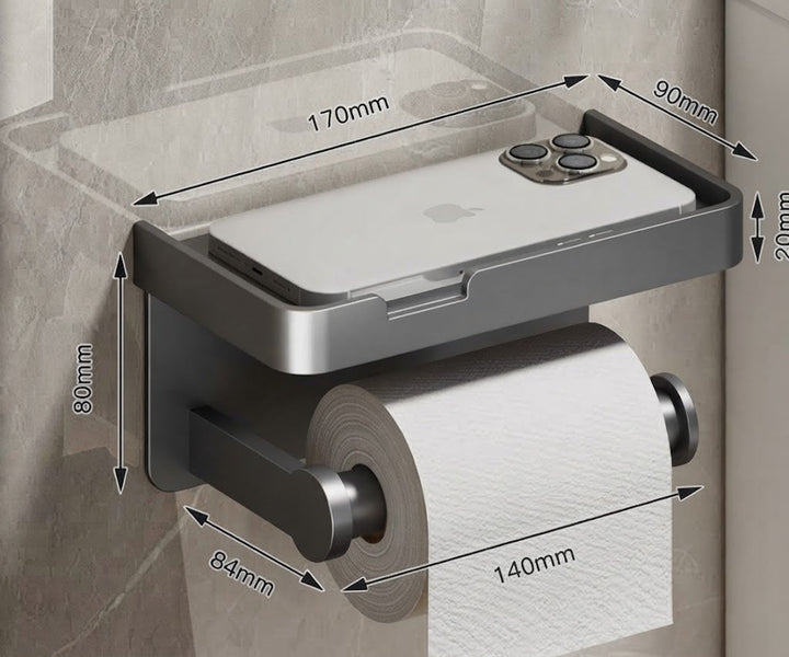 Stylish wall mount toilet paper dispenser with upper storage for phone/wipes, modern bath accessory.
