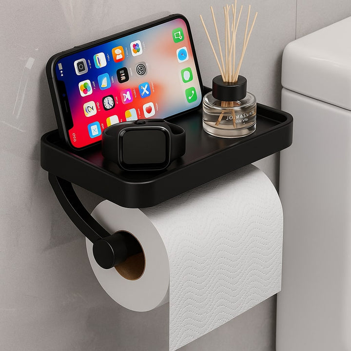 Space-saving bathroom toilet paper holder with shelf, sleek modern design, easy install.