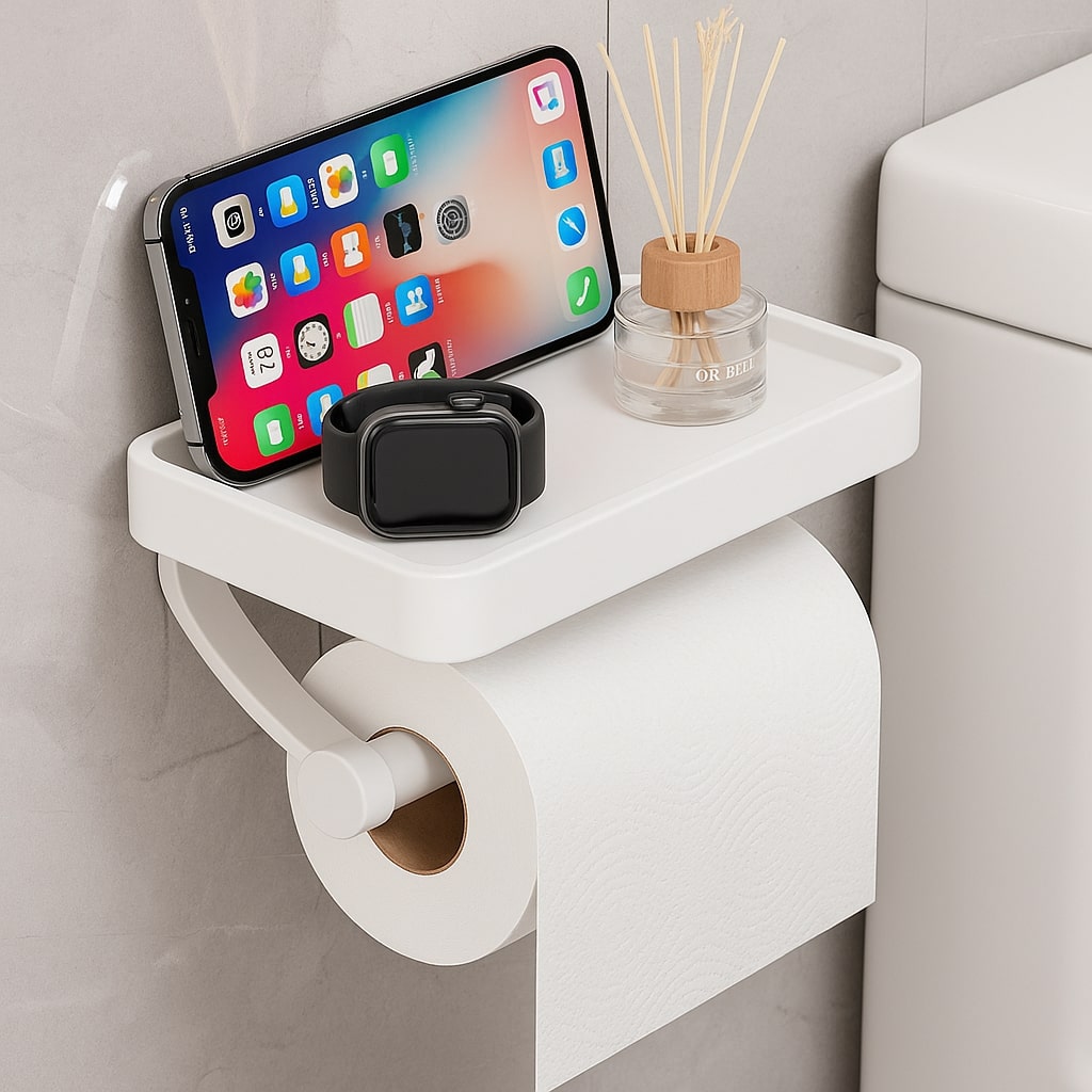 Unisex bathroom tissue holder, wall mounted, durable stainless steel with convenient storage.