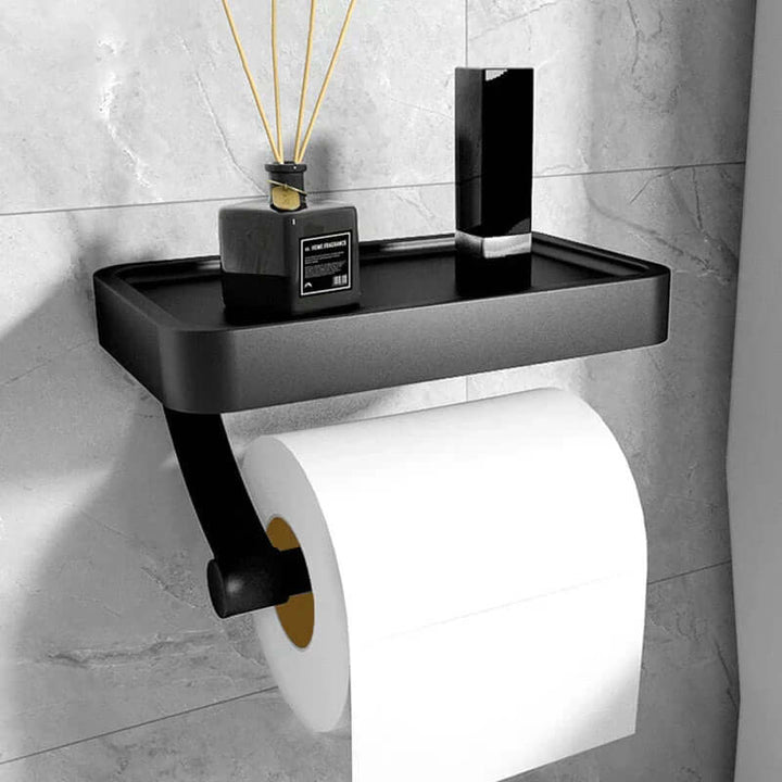 Modern stainless steel toilet paper holder with phone storage shelf, wall mount, no drill.