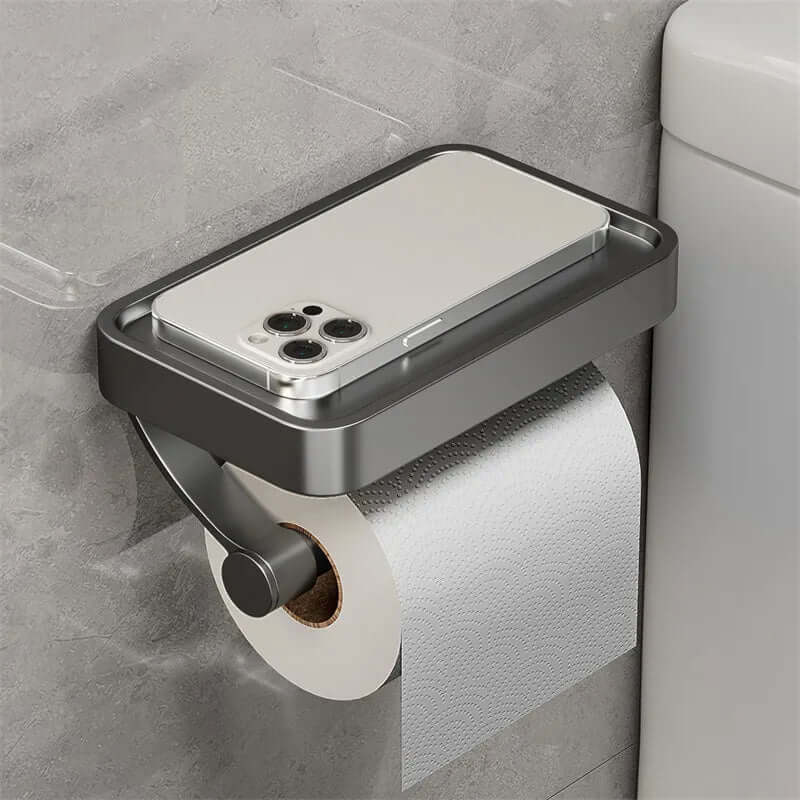Compact bathroom toilet paper holder, stainless steel, features a practical storage shelf.