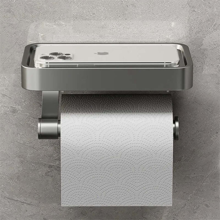 Modern no-drill toilet paper holder for bathrooms, includes a handy storage shelf.