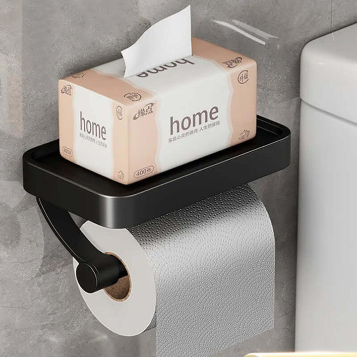 Sleek space aluminum toilet tissue holder with storage shelf, perfect for modern bathrooms.