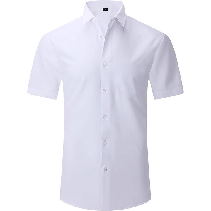 Men's tailored slim fit short sleeve shirt. Versatile for casual, office, or summer wear. Modern buttons.