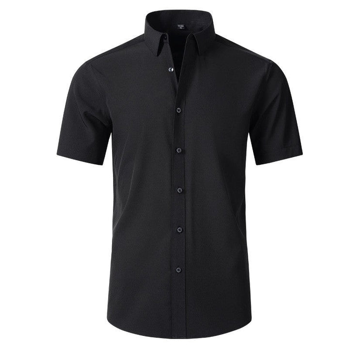 Stylish men's slim fit short sleeve shirt with modern button detail. Comfortable tailored fashion for summer.