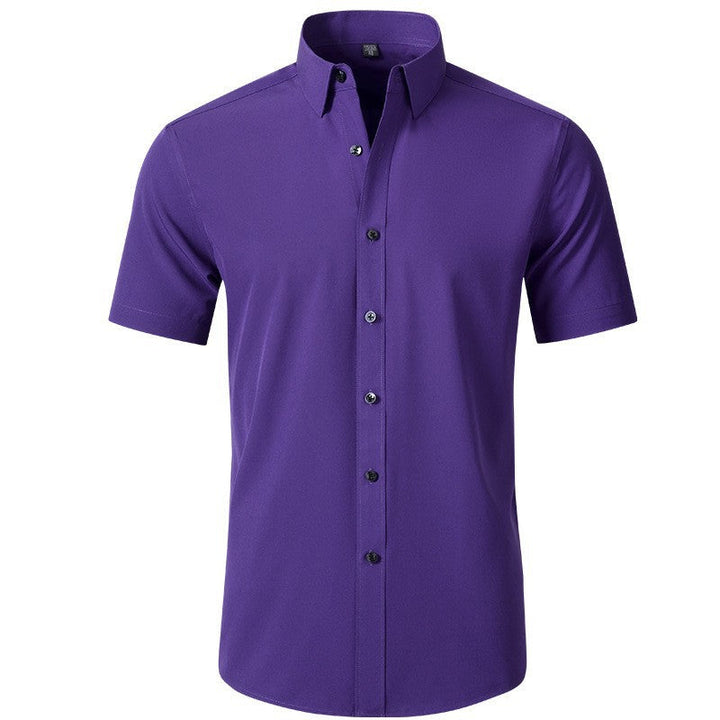 Men's slim fit short sleeve casual button-down shirt. Modern design for a sleek summer fashion statement.