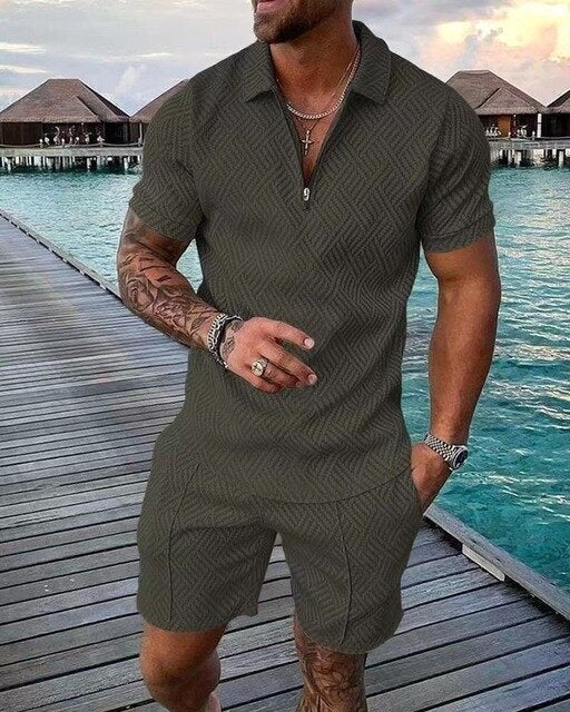 Stylish men's two-piece set featuring a classic polo shirt and matching shorts, ideal for men's summer fashion.