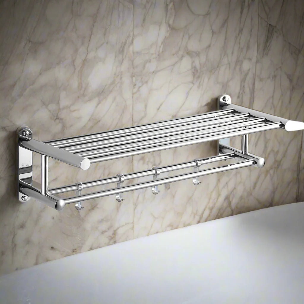 Modern silver wall-mounted bathroom towel rack. Durable & stylish home decor for organized towel storage. Easy install design.