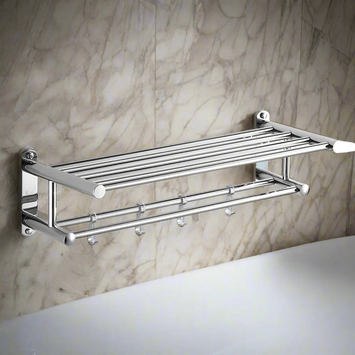 Modern silver wall-mounted bathroom towel rack. Durable & stylish home decor for organized towel storage. Easy install design.