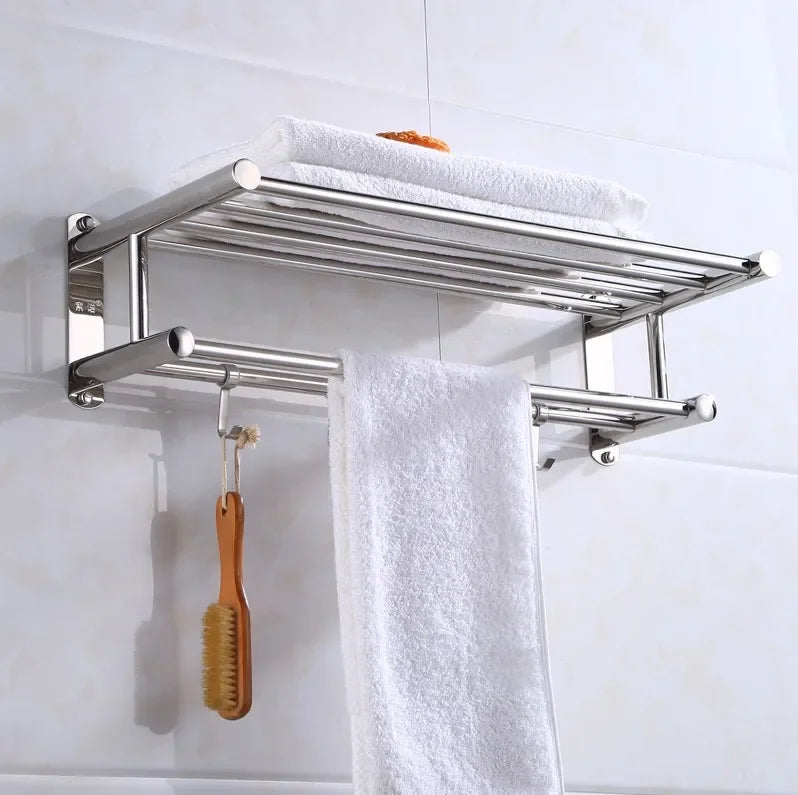 Durable silver bathroom towel rack with modern design. Wall-mounted organizer for easy installation & stylish towel storage.