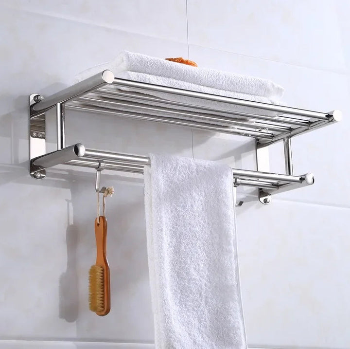 Durable silver bathroom towel rack with modern design. Wall-mounted organizer for easy installation & stylish towel storage.