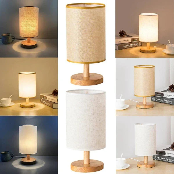 Elegant dimmable table lamp. Wood base & fabric shade for bedroom. Natural, modern & energy-efficient LED.