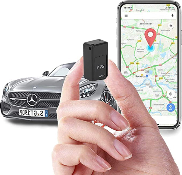 View of the mini GPS tracker, highlighting its compact size, perfect for hidden anti-theft tracking.