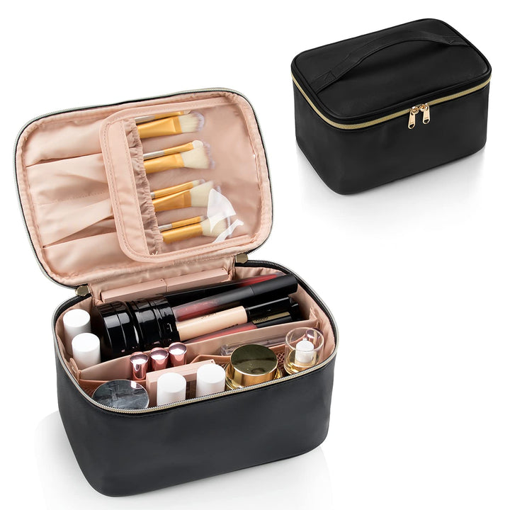 Women's travel makeup organizer with adjustable dividers for cosmetics & toiletries.