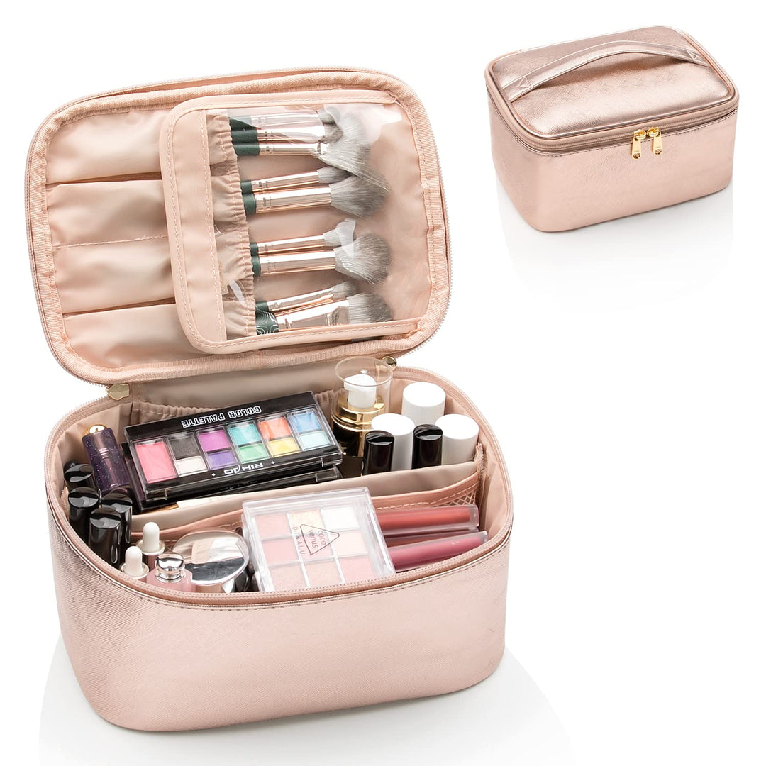 Elegant women's portable vanity case, travel makeup organizer with adjustable dividers.