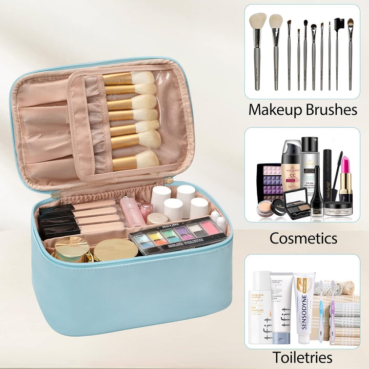 Compact makeup case with adjustable dividers, ideal for women's travel & beauty.