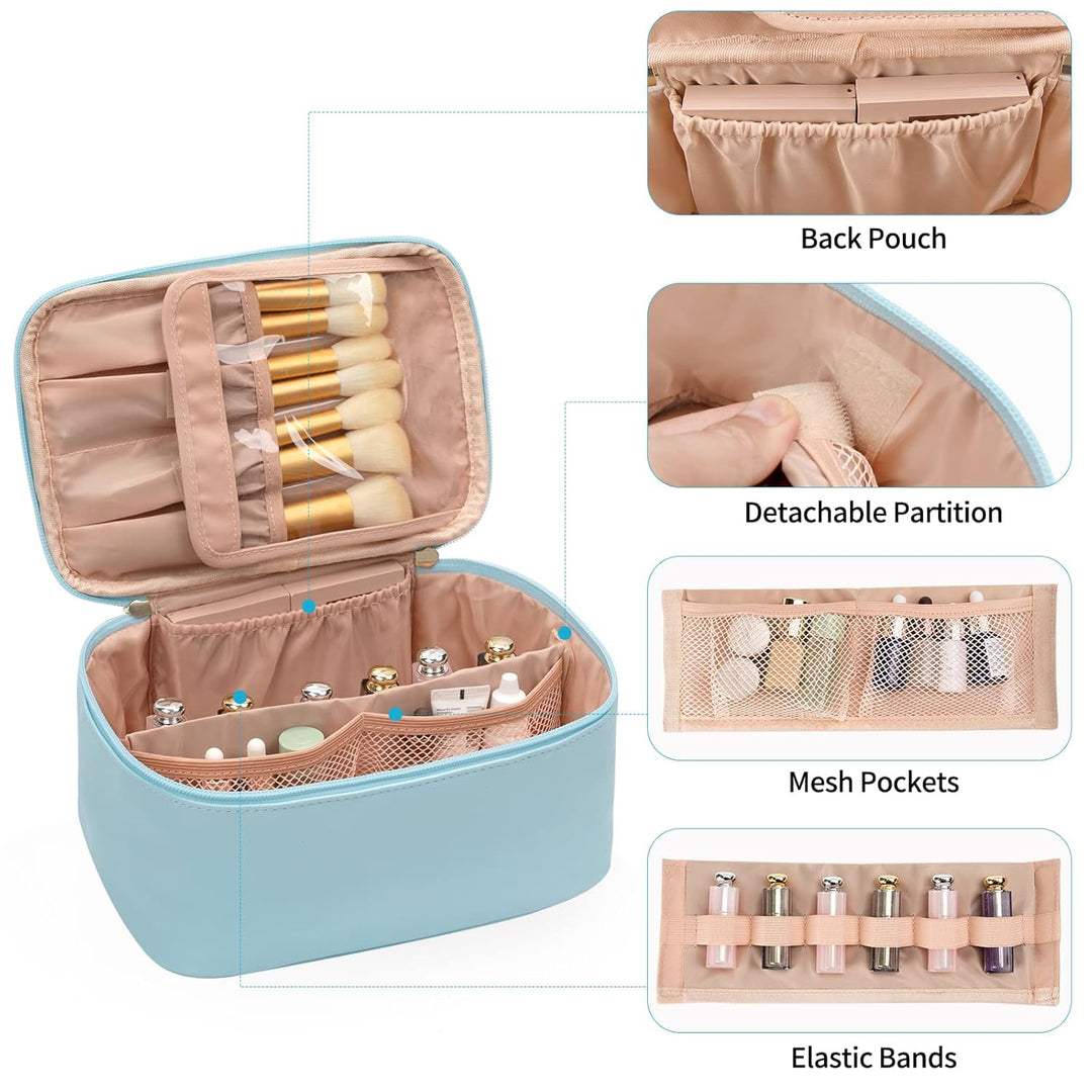Women's travel cosmetic bag, secure beauty storage with adjustable compartments.