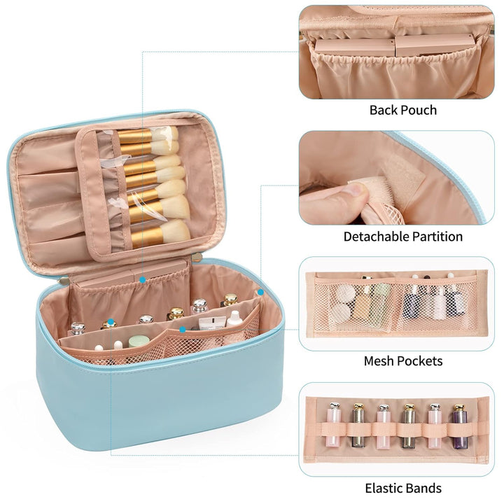 Women's travel cosmetic bag, secure beauty storage with adjustable compartments.