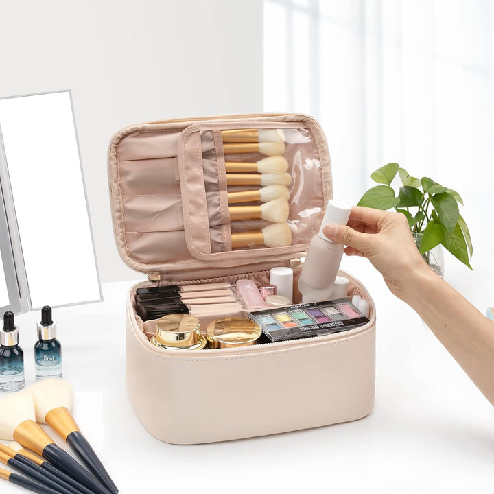 Essential women's travel makeup organizer, keeping cosmetics neat with adjustable dividers.