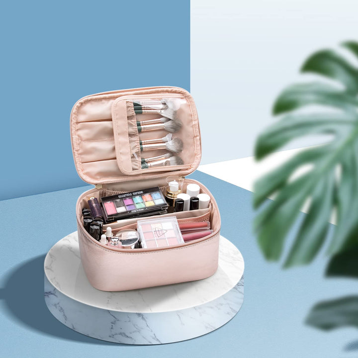 Women's adjustable divider travel makeup organizer bag for compact beauty storage.