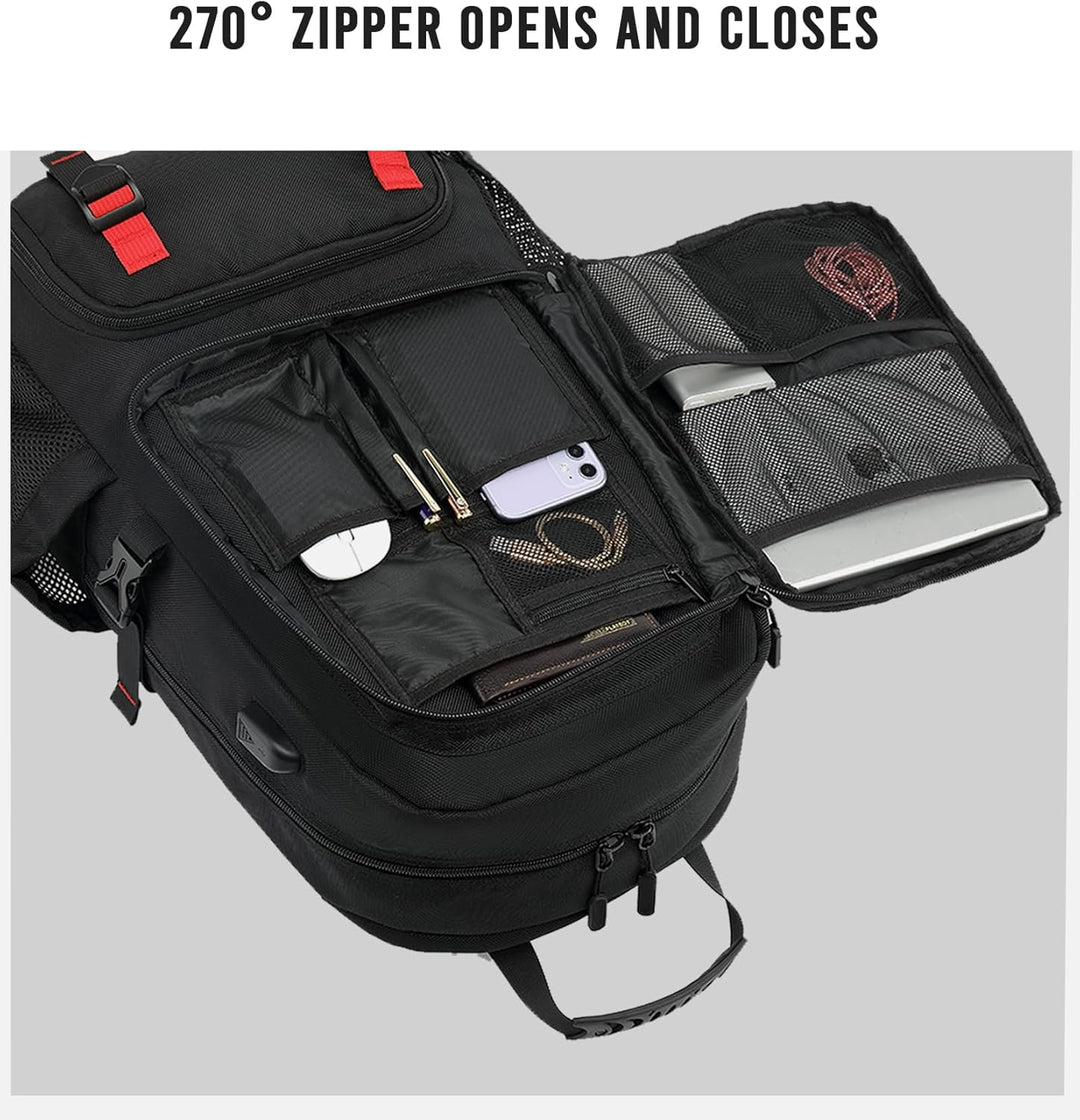 Anti-theft 60L travel laptop backpack with integrated USB charger. Secure, waterproof & ideal for tech-savvy travelers.