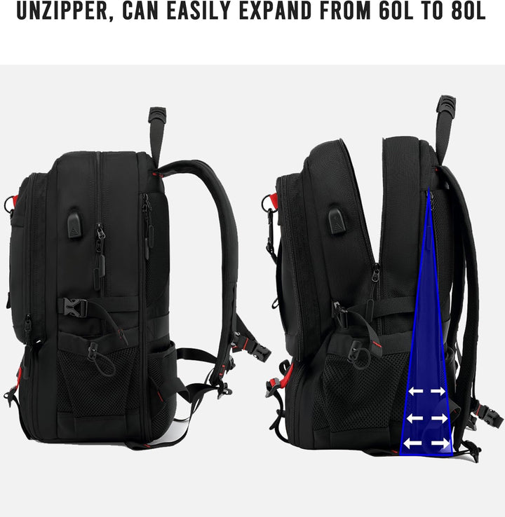 Versatile unisex 60L waterproof luggage backpack for travel, business & daily use. Features laptop & shoe storage.