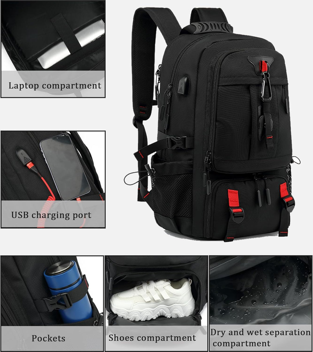 60L waterproof travel backpack, perfect for hiking, outdoor adventures & business travel. Features shoe storage.