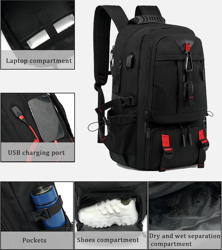 60L waterproof travel backpack, perfect for hiking, outdoor adventures & business travel. Features shoe storage.