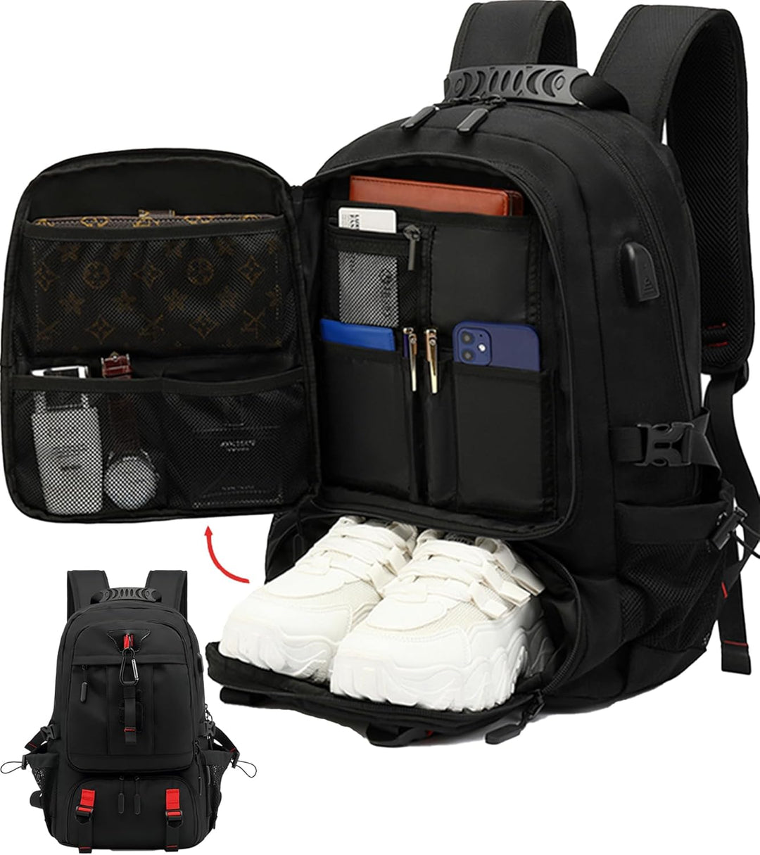 Unisex 60L waterproof travel laptop backpack with USB charging port & shoe compartment. Ideal for long trips.