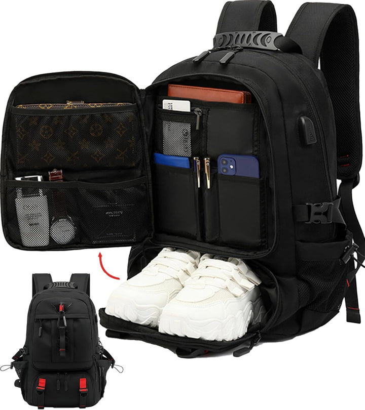 Unisex 60L waterproof travel laptop backpack with USB charging port & shoe compartment. Ideal for long trips.