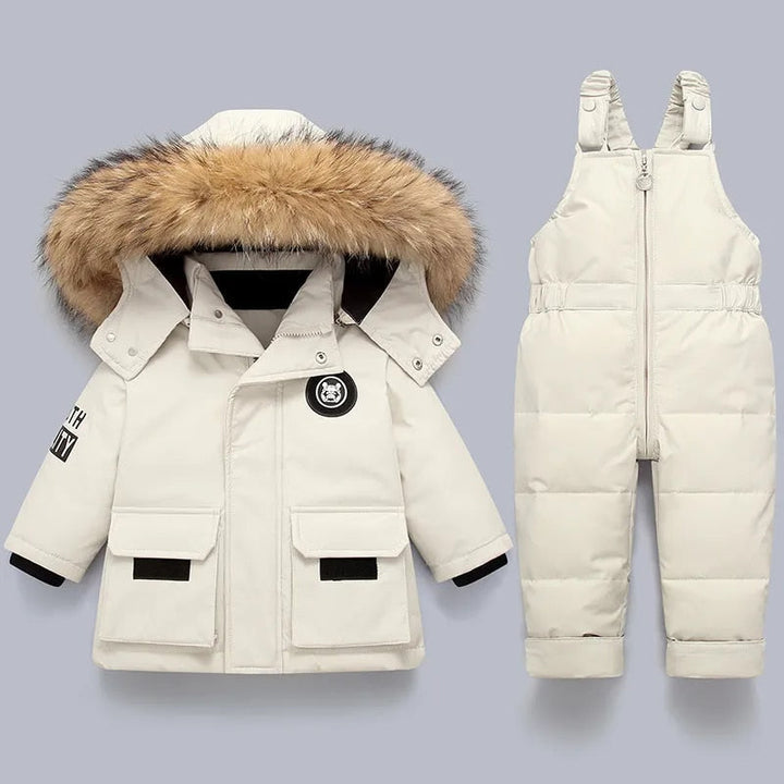 Warm kids' two-piece winter snowsuit set with a cozy hooded coat & insulated overall for cold weather play.