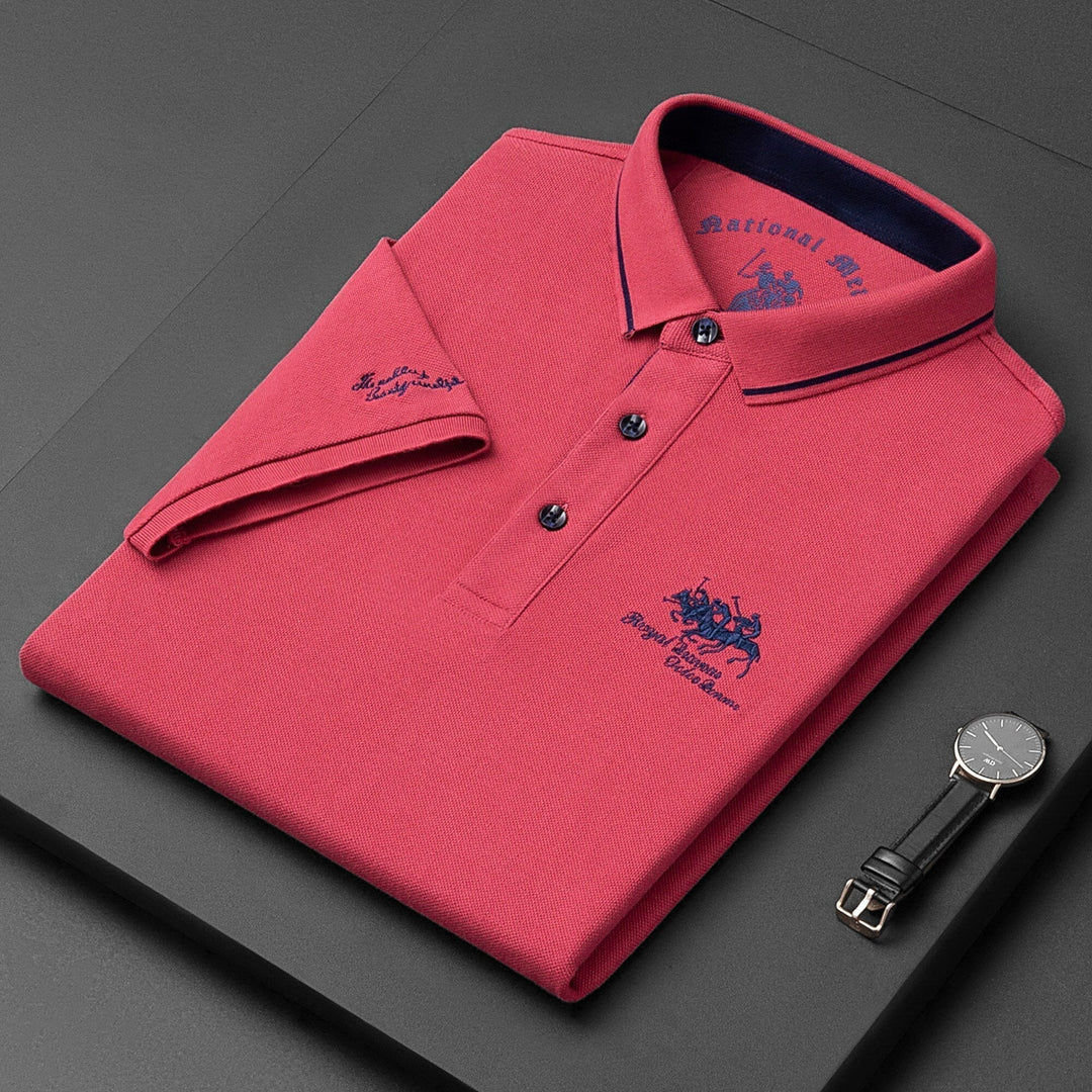 Embroidered men's polo in a comfort fit, a stylish choice for summer casual outfits.