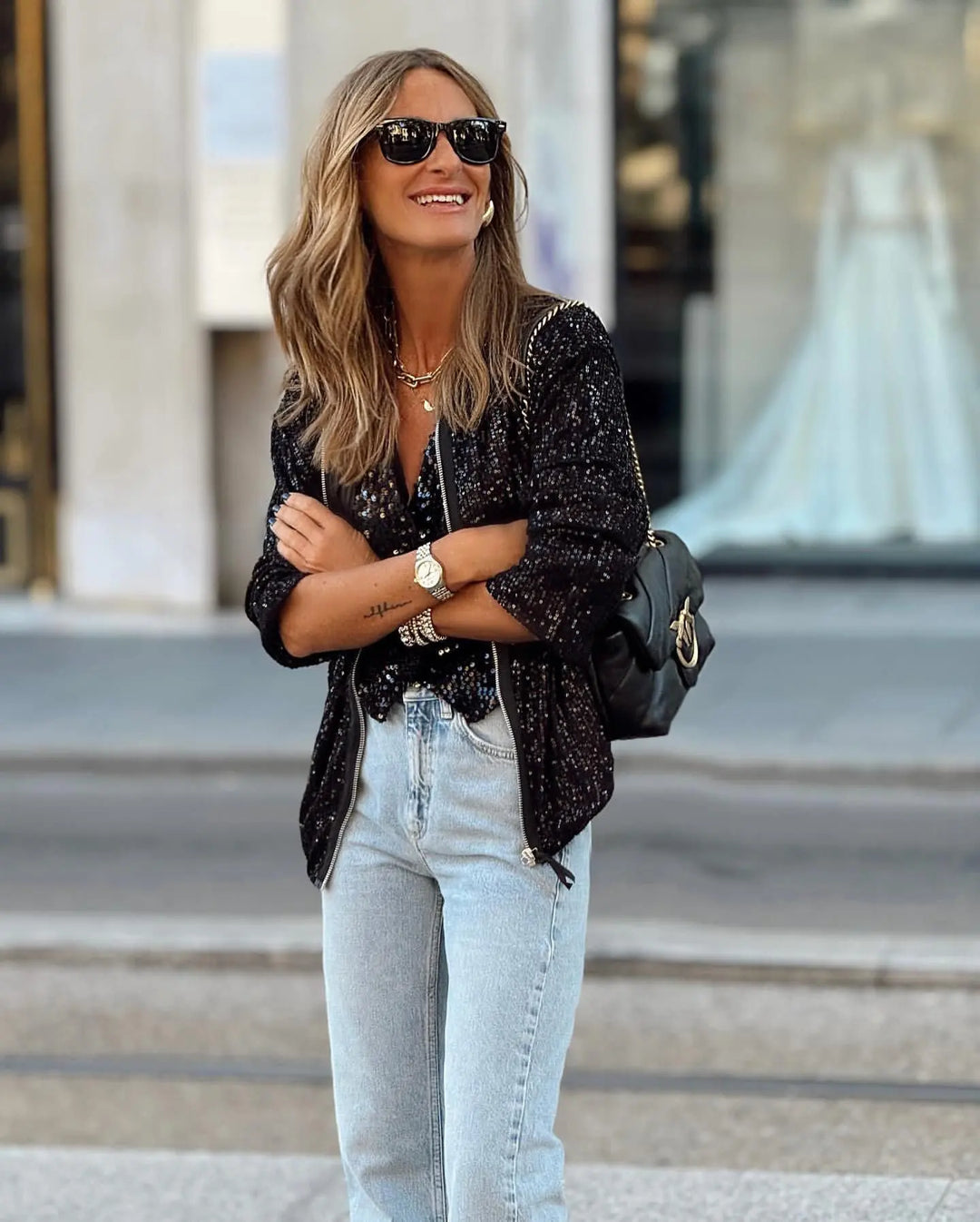 Soraya women's sparkle jacket, a fashionable sequin blazer for parties & transitional wear.