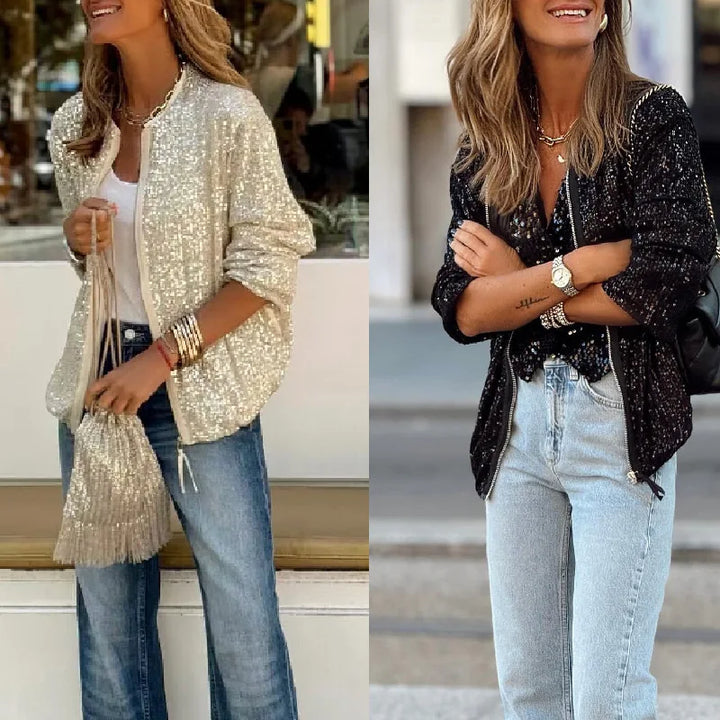 Chic women's sequin blazer, offering a sparkling, party-ready look for spring fashion.