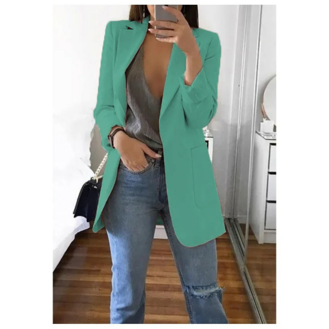 Professional women's long blazer, an elegant and modern workwear essential.