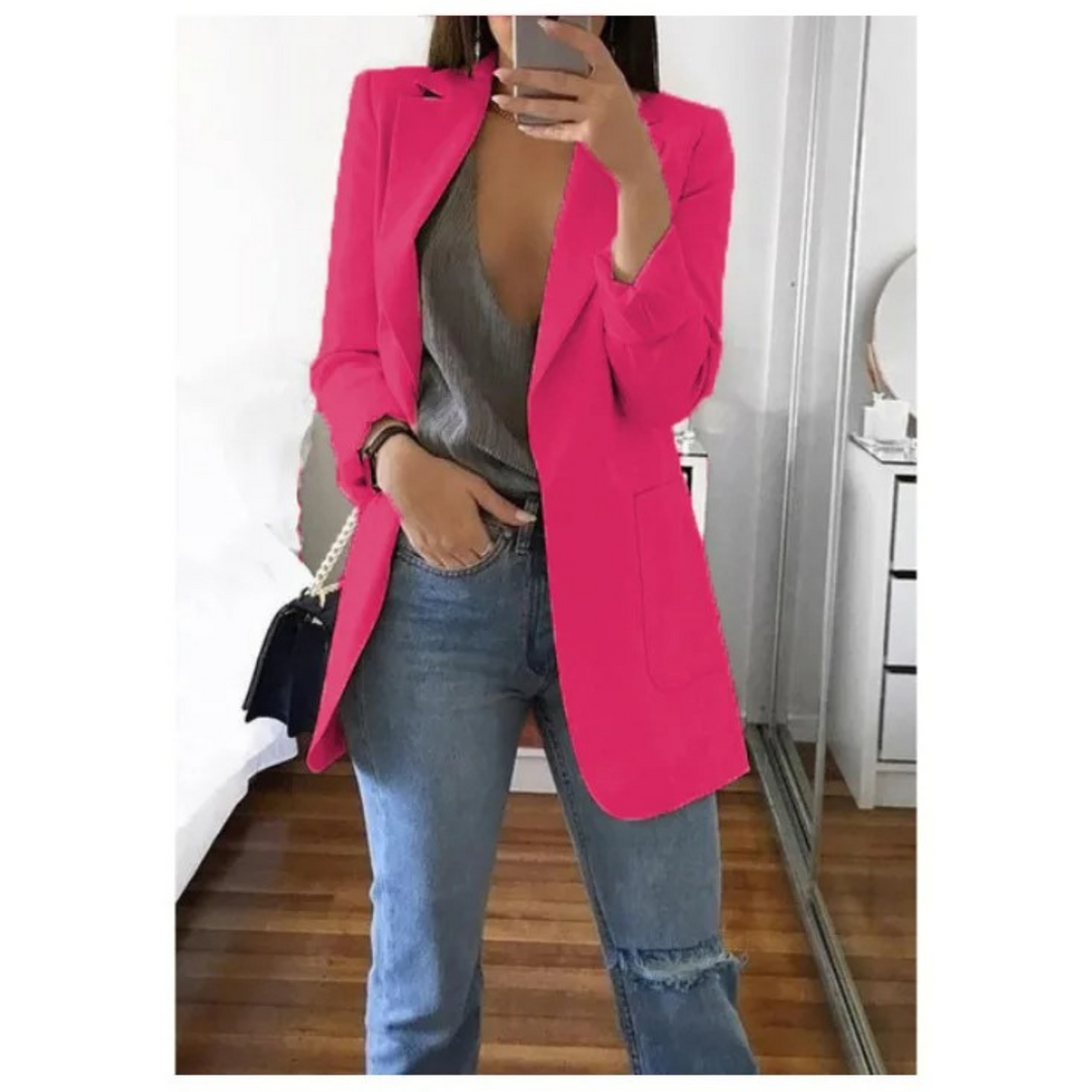 Trendy long ladies blazer, Valentina, adds modern elegance to any wardrobe.
