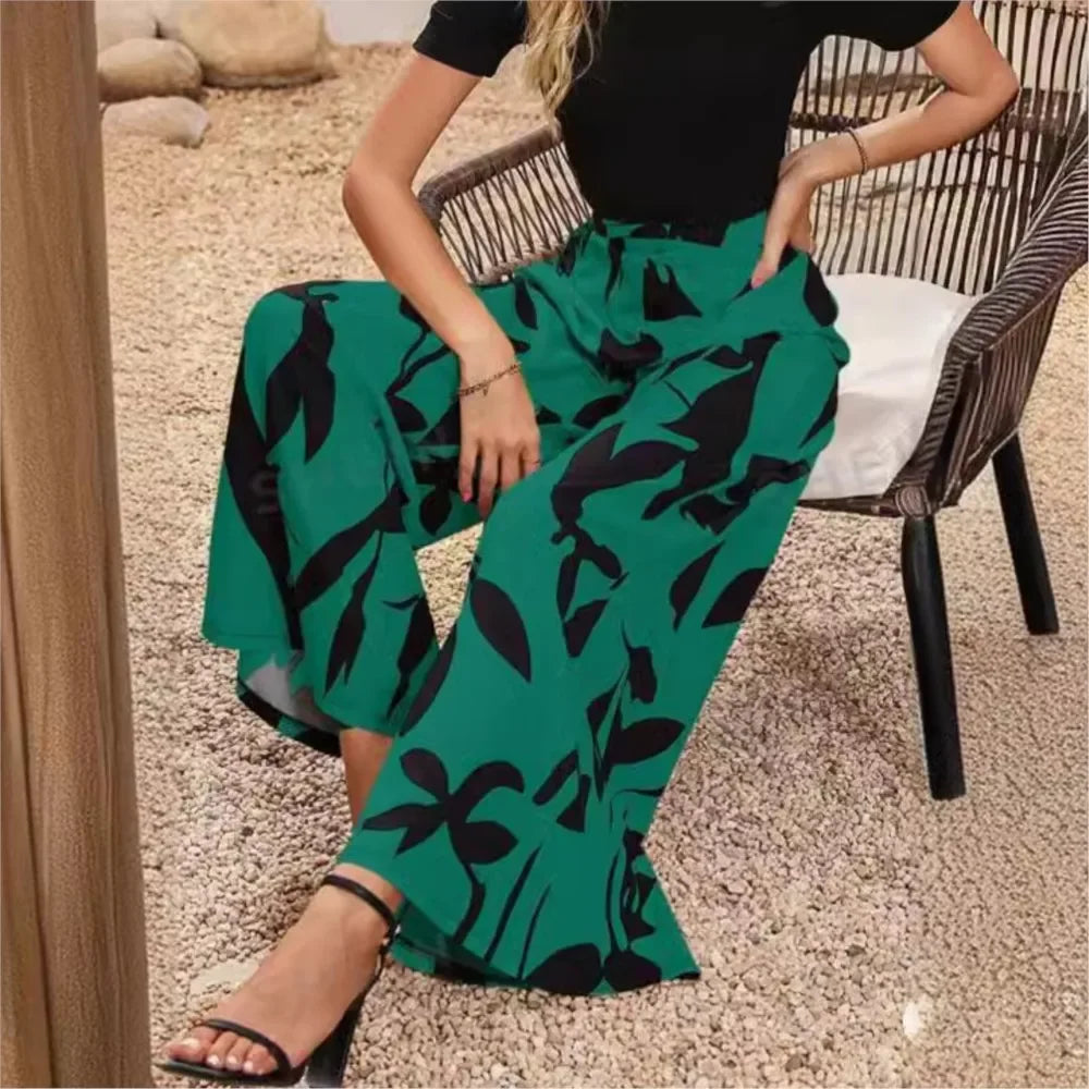Boho-style women's flowy wide-leg pants with a unique print. Comfortable and chic for casual summer outfits.