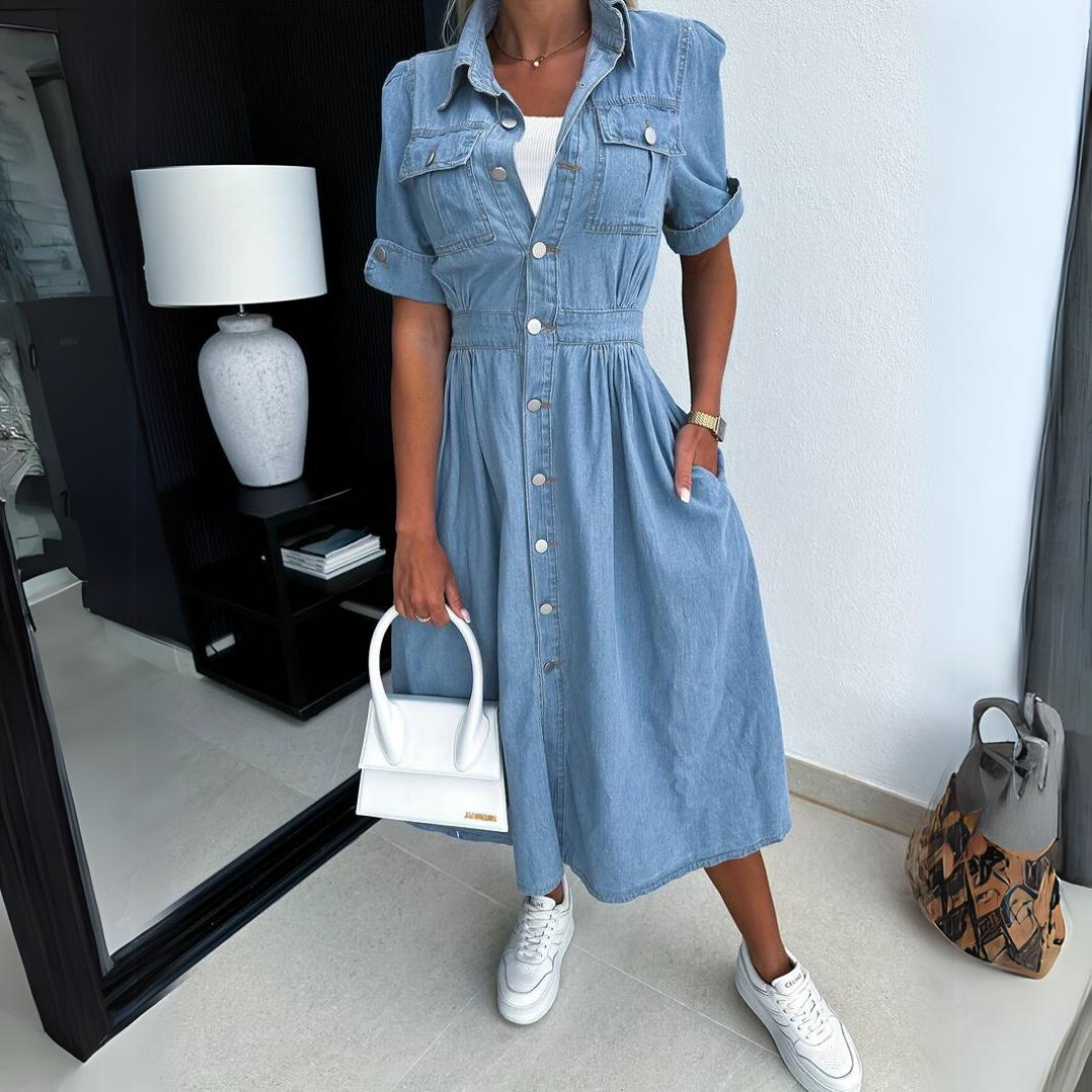 Women's trendy short sleeve denim dress by DenimCharm, perfect for casual everyday fashion & versatile spring/summer style.