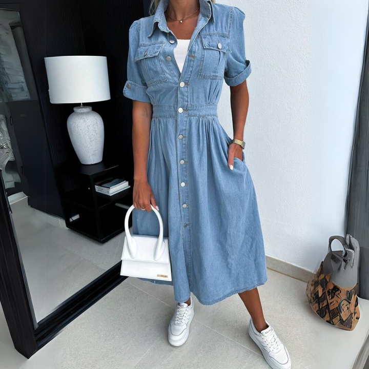 Women's trendy short sleeve denim dress by DenimCharm, perfect for casual everyday fashion & versatile spring/summer style.
