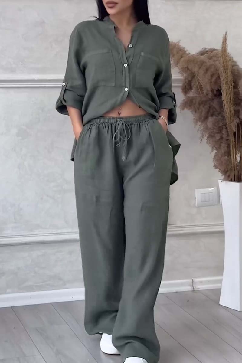 Women's trendy summer linen set. Breathable blouse & wide-leg pants for a light, relaxed style.