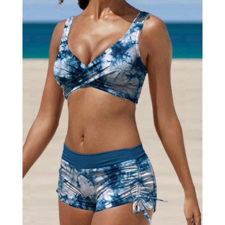 Two-piece women's high-waist shaping bikini set with adjustable straps for comfortable beach & poolside wear.